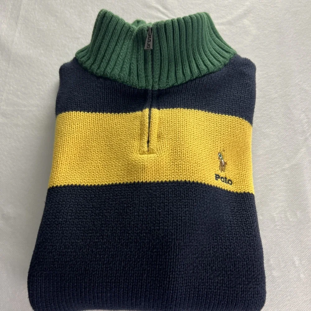 Polo Ralph Lauren Quarter Zip Sweater Boys XL Navy Yellow‎ Green Striped A33
